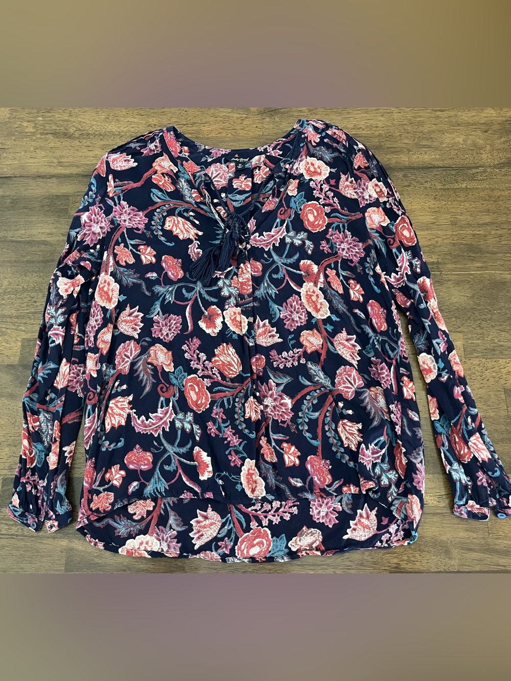 Lucky Brand Navy Blue Floral Tie-Front Tassels Long Sleeve Blouse Relaxed Medium